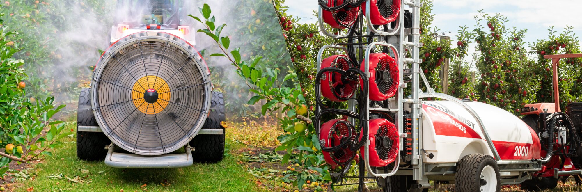 Croplands Cropliner sprayer fan and Quantum sprayer in orchard