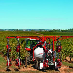 Croplands Quantum Mist grape sprayer working in a vineyard
