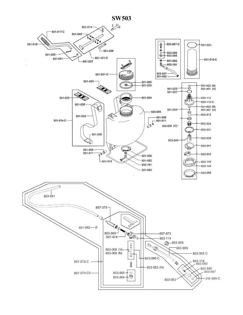 Parts Breakdown drawing for SW503 Swissmex Sprayer